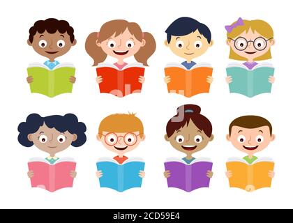 Collection de livres de lecture pour garçons et filles. Motif personnages de dessin animé isolé sur blanc. Illustration vectorielle. Illustration de Vecteur