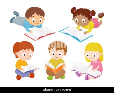 Enfants assis sur le sol et livres de lecture. Collection de dessins animés isolés sur fond blanc. Illustration vectorielle. Illustration de Vecteur