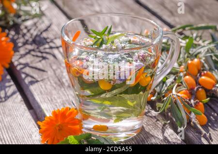 Tisane au soleil avec baume au citron et argousier. Mode de vie sain Banque D'Images