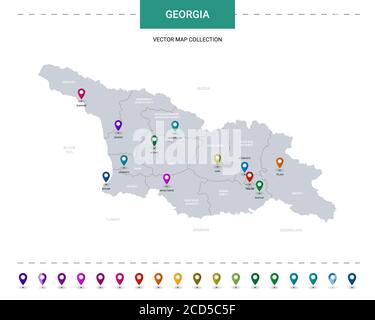 Carte de Géorgie avec repères de localisation. Modèle vectoriel d'infographie, isolé sur fond blanc. Illustration de Vecteur