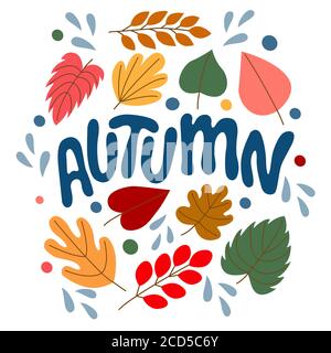 Ensemble de feuilles d'automne lumineuses et inscription - automne, dans des graphiques vectoriels sur fond blanc. Pour la conception de cartes postales, d'affiches, de tirages pour Illustration de Vecteur