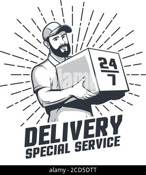 Logo rétro du service de livraison. Coursier barbu avec boîte - emblème vintage Illustration de Vecteur