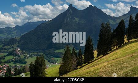 Champs suisses et vue sur la montagne Dent de Broc, Gruyère, Suisse Banque D'Images