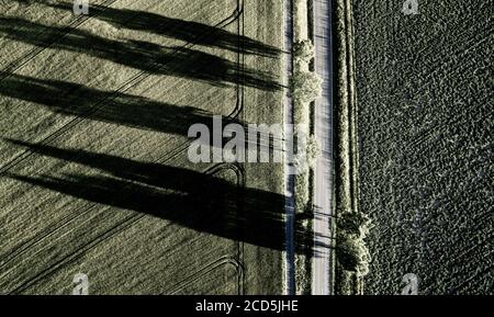 Vue aérienne de la route à travers le paysage rural en noir et blanc Banque D'Images