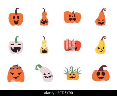 Pumpkins dessins animés forme libre style ensemble icônes design, Halloween et thème de vacances illustration vectorielle Illustration de Vecteur