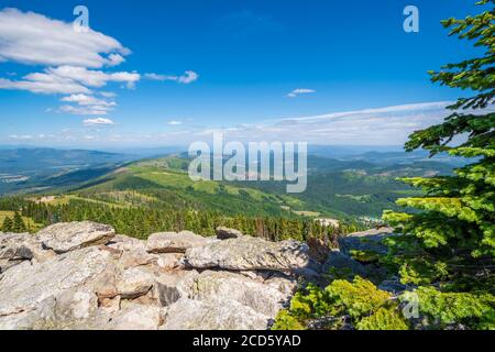 Vue imprenable sur les montagnes et le lac depuis le sommet du parc national de Mt Spokane, surplombant la région de Spokane Washington, en été. Banque D'Images