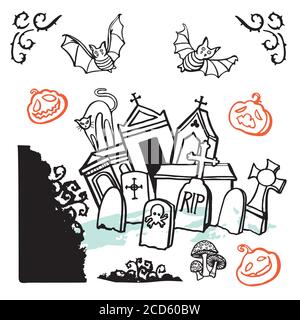 Scénario créepy halloween Graveyard Doodle illustration ensemble, carte de voeux, lettrage à la main, style de dessin animé. Style art en ligne mignon. Élément vectoriel isolé à fond blanc et texte au pinceau moderne écrit à la main Illustration de Vecteur