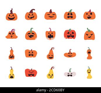 Pumpkins dessins animés forme libre style icônes conception de paquet, Halloween et thème de vacances illustration vectorielle Illustration de Vecteur