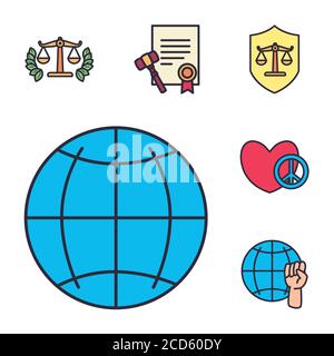 Design de collection d'icônes de style de ligne et de remplissage, droit des droits de l'homme et thème de justice illustration vectorielle Illustration de Vecteur