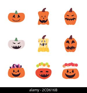 Pumpkins dessins animés forme libre style Icon Set design, Halloween et thème de vacances illustration vectorielle Illustration de Vecteur