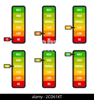 Echelle basse. Échelle de taux de satisfaction, indication de satisfaction client bonne et faible, niveaux de biens mesure vecteur icônes d'illustration ensemble Illustration de Vecteur