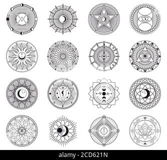 Symboles circulaires sorcellerie. Cercle de sorts magiques, signes mystère de sorcellerie ésotérique, cercle de sorcellerie magique occulte cercle d'illustrations vectorielles ensemble d'icônes Illustration de Vecteur