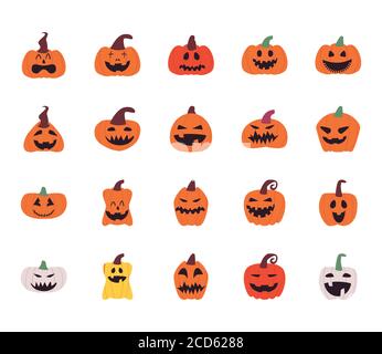 Pumpkins dessins animés forme libre ensemble de style icônes de conception, Halloween et thème de vacances illustration vectorielle Illustration de Vecteur