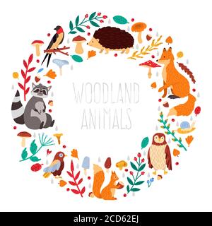 Couronne d'animaux d'automne. Mignon dessin animé automne animaux, feuilles et champignons, oiseaux et animaux forêt couronne vecteur illustration icônes ensemble Illustration de Vecteur