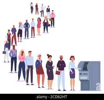 Personnes en ligne ATM. Les caractères masculin et féminin de la file d'attente attendent la transaction de terminal, la ligne de paiement bancaire vers l'illustration du vecteur de distributeur automatique Illustration de Vecteur