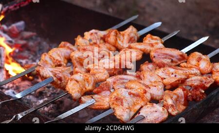 Ailes de poulet et kebabs rôtis juteux sur le barbecue. Cuisson du kebab sur des brochettes. Viande de poulet sur brochettes. Banque D'Images