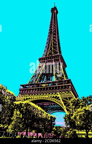 Vue sur le bas de la Tour Eiffel dans le style Art nouveau et le jardin de Paris. La capitale française connue sous le nom de ville lumière. Filtre Poster Blacklight. Banque D'Images