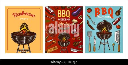 Les éléments du gril pour barbecue sont isolés sur fond rouge. Affiche de fête barbecue. Heure d'été. Bouilloire au charbon de bois avec sauce. Matériel de cuisine pour le menu. Cuisson Illustration de Vecteur