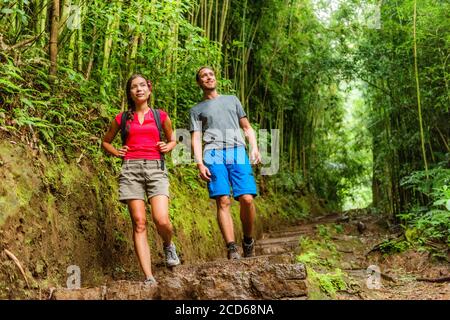Randonnée en forêt randonneurs randonnée sur le sentier de la forêt tropicale à Hawaï. Couple interracial marchant dans l'aventure de voyage. Femme asiatique, homme caucasien mode de vie actif Banque D'Images