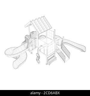 Élément filaire de terrain de jeu fait de lignes noires sur un fond blanc. Aire de jeux pour enfants avec toboggans et échelles. Vue isométrique. 3D. Illustration vectorielle Illustration de Vecteur