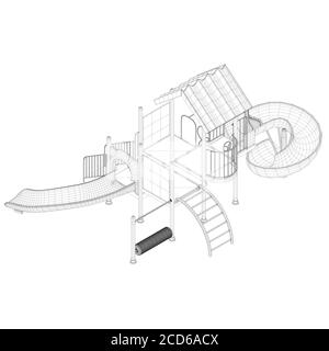 Élément filaire de terrain de jeu fait de lignes noires sur un fond blanc. Aire de jeux pour enfants avec toboggans et échelles. Vue isométrique. 3D. Illustration vectorielle Illustration de Vecteur