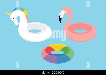 Collection de bagues de natation d'été flamants, licorne et arc-en-ciel Illustration de Vecteur