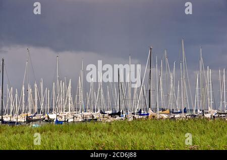 Beaucoup de beaux bateaux à voile avec de hauts pôles dans un petit port de plaisance près de Flensburg/Allemagne en face d'un ciel nuageux et venteux Banque D'Images