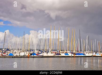 Beaucoup de beaux bateaux à voile avec de hauts pôles dans un petit port de plaisance près de Flensburg/Allemagne en face d'un ciel nuageux et venteux Banque D'Images