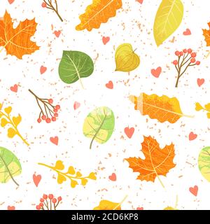Motif sans couture avec feuilles d'automne, brindilles, baies et coeurs. Design plat de dessins animés. Illustration vectorielle de feuilles colorées éparpillées. Arrière-plan élégant, Illustration de Vecteur