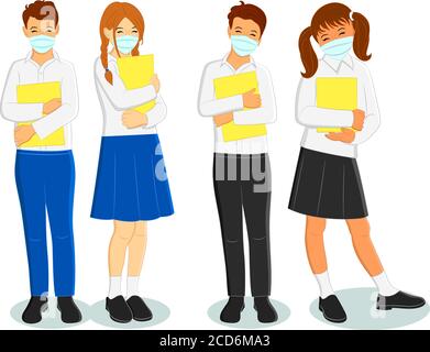 Ensemble d'élèves souriants en uniforme et masque facial. Mignon enfants dessin animé simple de style vectoriel plat. Illustration de retour à l'école. Illustration de Vecteur