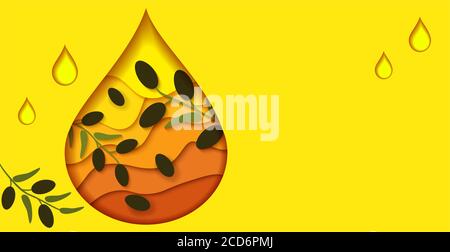 Jaune Banner huile d'olive. Une goutte d'huile dorée et brillante avec des branches d'olive, coupée en papier. Peut être utilisé pour la conception d'étiquettes. Illustration vectorielle. Illustration de Vecteur