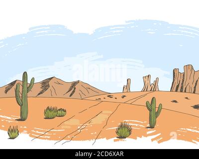 Prairie Road color graphique American Desert sketch paysage illustration vector Illustration de Vecteur