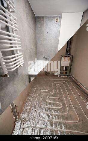 Comparaison de l'ancienne et de la nouvelle salle de bains avec des tuyaux de chauffage au sol et un porte-serviettes chauffant. Appartement moderne avant et après rénovation dans le format vertical. Concept de rénovation de la maison. Banque D'Images