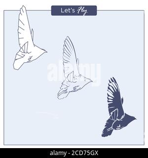 Ensemble de pigeons volants dessinés à la main dans différents styles, comme esquisse à main levée, formes géométriques et solides polygonales Illustration de Vecteur