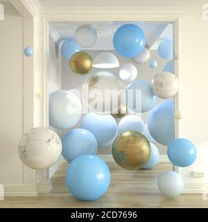 Bulles flottantes surréalistes sur un rendu 3d de couloir Banque D'Images