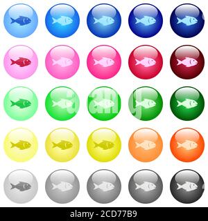 Icônes de poisson dans un jeu de 25 boutons sphériques brillants de couleur Illustration de Vecteur
