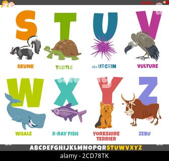 Dessin animé Illustration d'un ensemble d'alphabet coloré éducatif de la lettre S. À Z avec des personnages animaux amusants Illustration de Vecteur