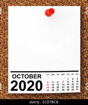 Calendrier octobre 2020 sur papier vierge avec espace libre Pour le rendu Text.3d Banque D'Images