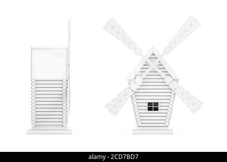 Old White Windmill Farm dans le style Clay sur fond blanc. Rendu 3d Banque D'Images