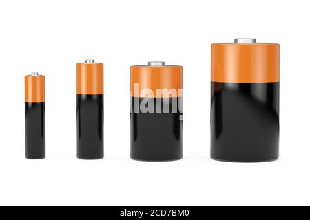 Jeu d'icônes de batterie alcalines avec différentes tailles AAA, AA, C, D et espace libre pour votre conception sur un fond blanc. Rendu 3d Banque D'Images