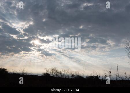 Soirée dans la région du Pampa Biome. En fin d'après-midi dans le sud du Brésil. Ciel spectaculaire. Couleurs et teintes. Coucher de soleil et fin d'après-midi. Poésie et Banque D'Images