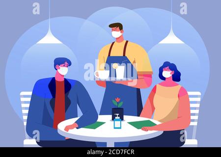 Nouvelle vie normale dans la distanciation sociale pendant la pandémie de COVID-19. Serveur dans le restaurant servant de la nourriture au client, portant un masque facial, Illustration de Vecteur