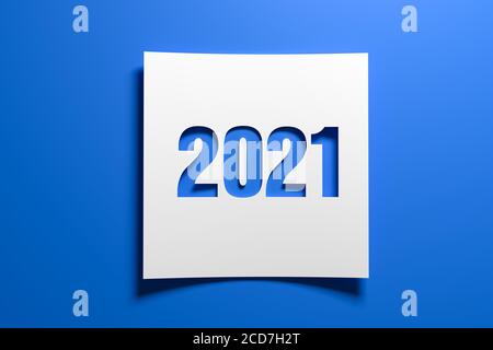 Un morceau de papier mémo incurvé avec la découpe numéro 2021 sur fond bleu. Concept pour les événements de l'an 2021 et du nouvel an 2021. Banque D'Images