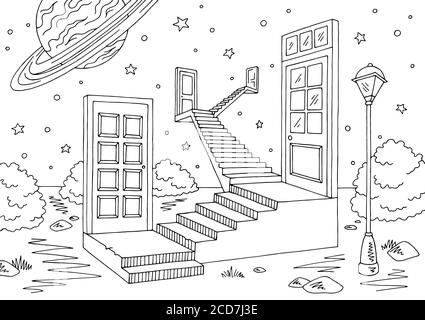 Portes space paysage graphique noir blanc esquisse illustration vecteur Illustration de Vecteur