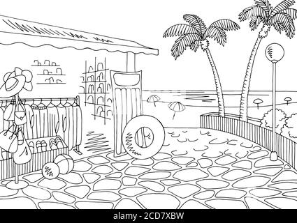 Beach shop graphique noir blanc ville paysage esquisse illustration vecteur Illustration de Vecteur