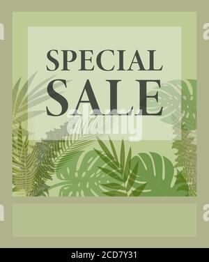 Modèle DE prospectus PROMOTIONNEL POUR LES VENTES SPÉCIALES pour le site Web ou les médias sociaux avec illustration vectorielle de motif de feuilles de plantes tropicales Illustration de Vecteur