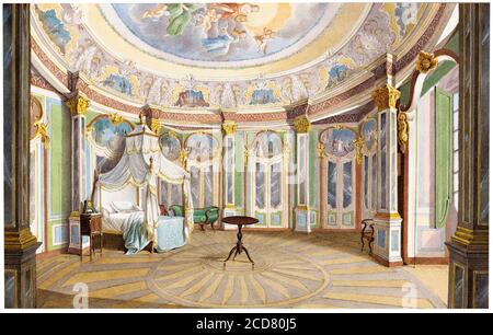 Chambre du roi Pedro IV du Portugal (empereur Dom Pedro I du Brésil, 1798-1834), dans le Palais de Queluz, dessin de Ferdinand le Feusure, 1850 Banque D'Images