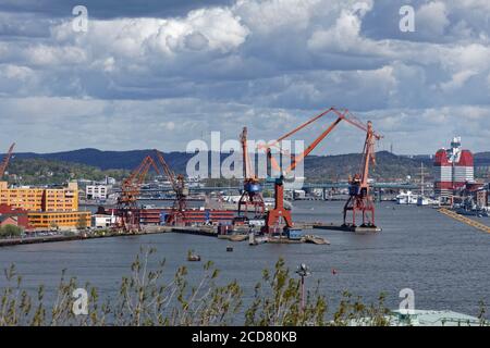 Vue aérienne de la zone du port de cargaison dans la rivière Göta älv à Göteborg, Suède Banque D'Images