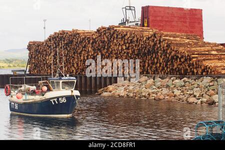 Vue sur le quai d'Ardrisciig, Argyll, en Écosse, d'une grande pile de bois et de la commission forestière attendant d'être expédiée sur un grand bateau Timber Link Banque D'Images