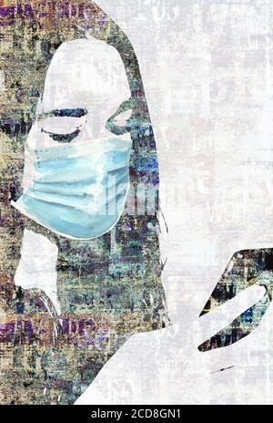 Collage de supports mixtes. Beau portrait de femme avec protection masque facial contre le coronavirus, pollution, virus, grippe avec smartphone sur le journal backgr Banque D'Images